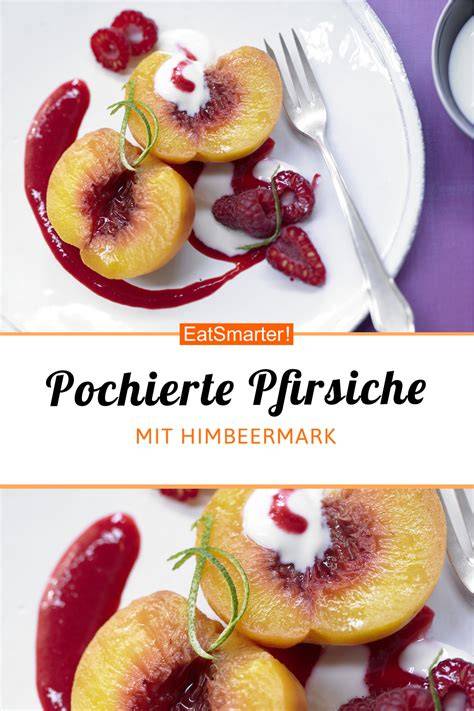 Pochierte Pfirsiche auf Mousse mit Himbeeren und Dessertwein