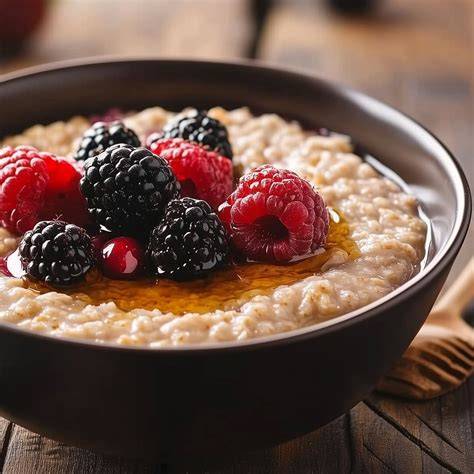 Porridge mit Beeren und Kakao, servierfertig