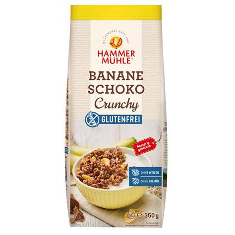 Portion Hammermühle Banane Schoko Crunchy in einer Schale mit pflanzl. Drink