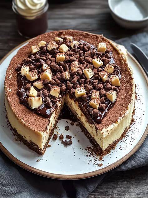 Portion frisch angeschnittener Nutella Käsekuchen mit Butterkeksboden