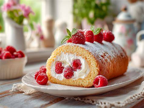Portionierte Biskuitrolle auf einem Buffet; Vergleich von Rollen mit verschiedenen Füllungen