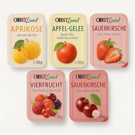 Portionspackungen und Sorten: Aprikose, Erdbeere, Himbeere, Schwarzkirsche, Sauerkirsche