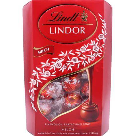 Praline Lindt Lindor Kugeln Milch, Verpackung und typische rote Kugeln