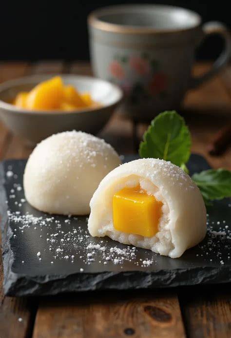 Praline mit Mango-Füllung und getrockneten Mangostücken