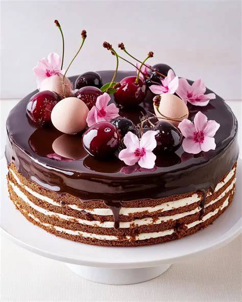 Pralinen mit Kirschen und Schokolade auf Etageren