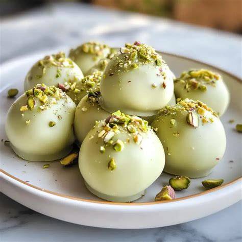 Pralinen mit Pistazienmus und weißer Schokolade dekoriert