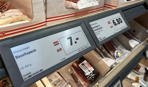 Preisschild an Tortenvitrine und Frühstücksbuffet in der Dänischen Straße