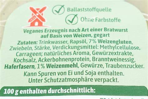 Produktetikett einer Bratwurst mit typischer Zutatenliste
