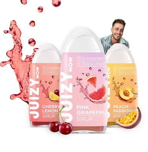 Produktflasche Juizy Wow neben Glas Wasser mit fruchtigen Sorten