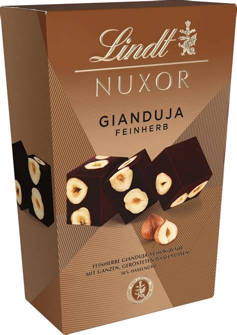 Produktfoto und Querschnitt der Lindt Nuxor Dunkel Würfel mit Haselnusskernen
