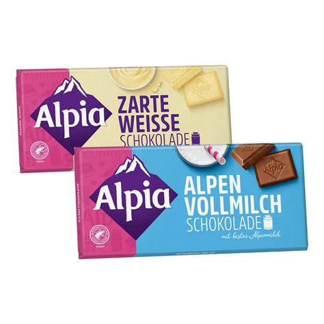 Produktvarianten von Alpia Schokolade mit Nuss- und Maissnack-Kombinationen