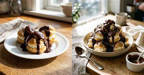 Profiteroles auf einer Platte, mit Schokoladensauce übergossen
