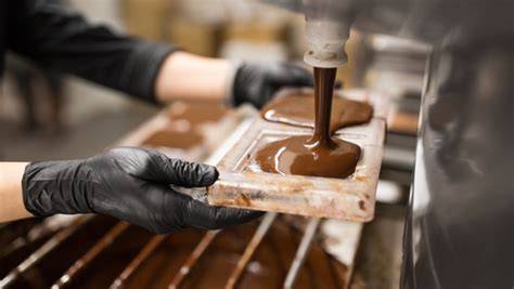 Prozess der Schokoladentemperierung und Gießen von Pralinenhohlkörpern in Polycarbonat-Formen