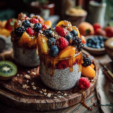 Pudding mit verschiedenen pflanzlichen Drinks und Obsttopping