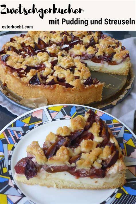 Pudding-Pflaumenkuchen angeschnitten, Schichten sichtbar