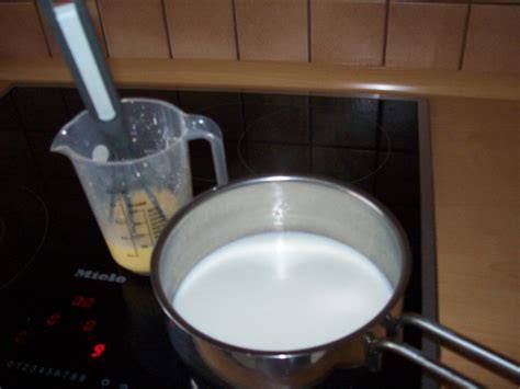 Puddingkochen im Topf: Milch wird angerührt und aufgekocht