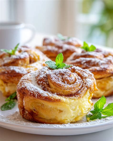 Puddingschnecken frisch aus dem Ofen, mit Puderzucker bestäubt