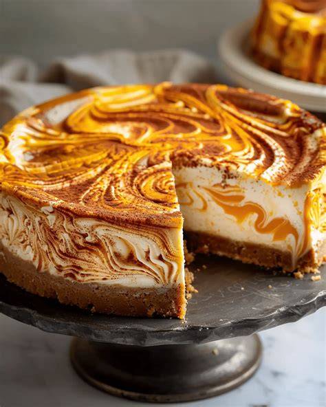 Pumpkin Cheesecake mit Marmoriereffekt und Nuss-Dekor