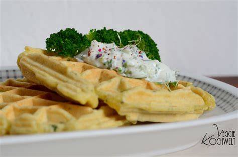 Quark Kräuter Dip neben Brokkoli Waffeln auf einem Teller angerichtet