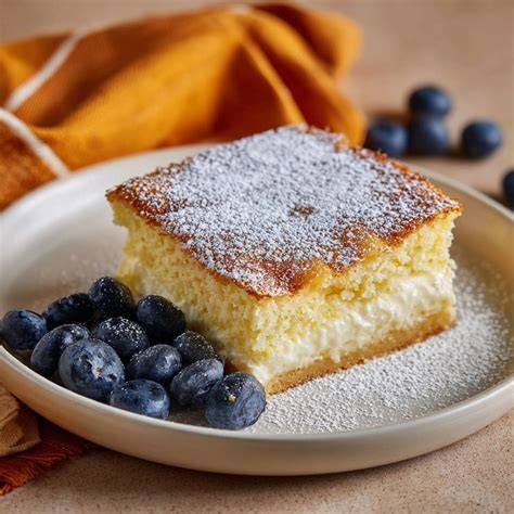 Quark-Blechkuchen angeschnitten, mit Puderzucker bestäubt und frischem Obst garniert