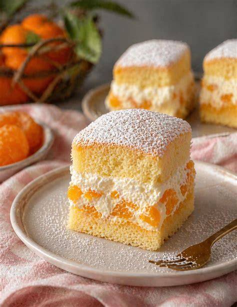 Quark-Mandarinen-Kuchen angeschnitten, Kalorientafel daneben