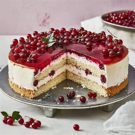 Quark-Sahne-Torte mit Beeren und glänzendem Fruchtspiegel auf Tortenplatte