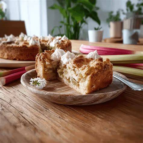 Quark-Schmand-Rhabarberkuchen angerichtet auf Frühlingsporzellan - servierfertig mit frischer Deko