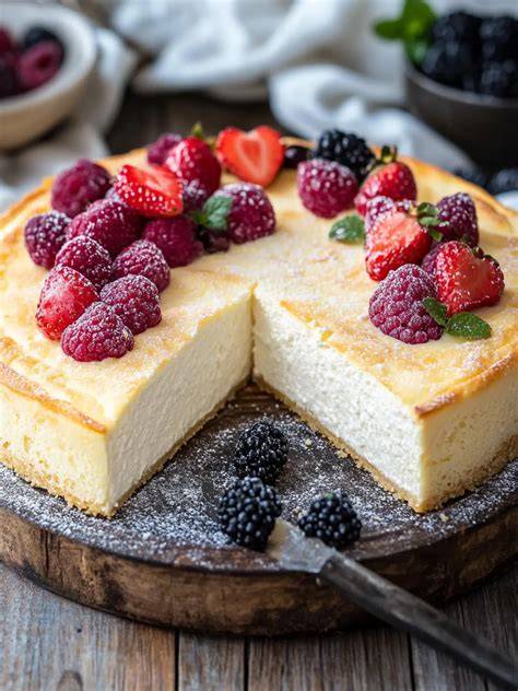 Quarkkuchen mit frischen Früchten auf einem Kuchengitter