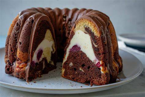 Querschnitt Gugelhupf mit Cheesecake-Füllung und Schokopudding