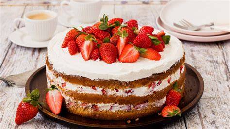 Querschnitt einer geschichteten Erdbeer-Torte mit Mascarponecreme