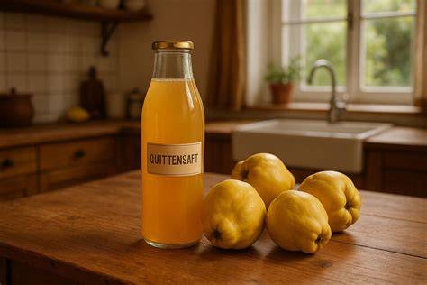 Quittenfrüchte am Baum und Quittensaft in der Flasche