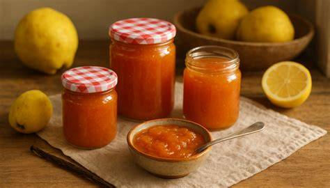 Quittenmarmelade im Glas, frisch eingekocht