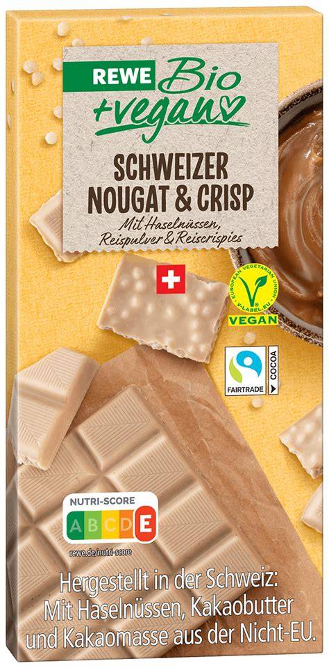 REWE Schweizer Nougat & Crisp Schokolade in Verpackung und als Tafel