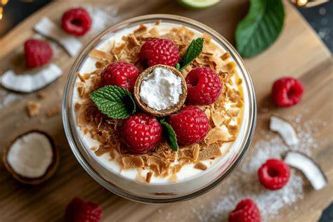 Raffaello Quark Dessert Zutaten auf weißem Hintergrund