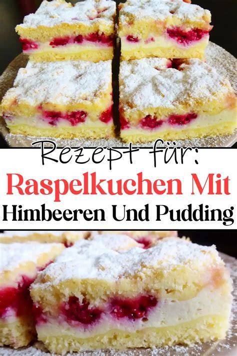 Raspelkuchen mit Himbeeren und Pudding aufgeschnitten