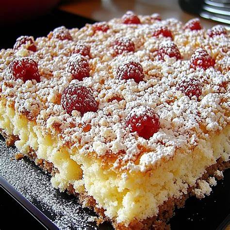 Ratz Fatz Kuchen mit Beeren auf rustikalem Holzbrett, Nahaufnahme