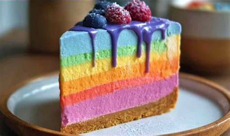 Regenbogen-Käsekuchen auf einer bunten Kindergeburtstags-Tafel mit Kuchenstücken