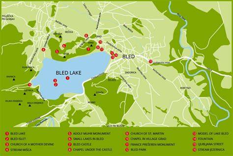 Reise-Infografik: Karte von Bled, Café Park, Laufstrecke um den See