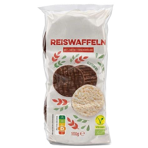 Reiswaffeln mit Zartbitterschokolade Produktfoto mit Nährwertangaben