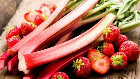 Rhabarber und Erdbeeren vorbereiten auf Holzbrett