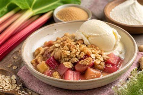Rhabarber-Crumble auf Teller, warm serviert