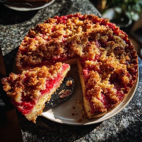 Rhabarberkuchen, frisch gebacken und serviert