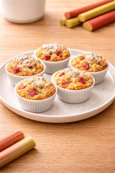Rhabarberstangen, Erdbeeren und gebackene Muffins auf einem Holzbrett (Frühlingsstimmung)