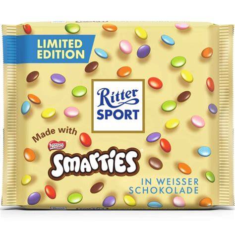 Ritter Sport weiße Schokolade mit Smarties Verpackung und Schokoladentafel