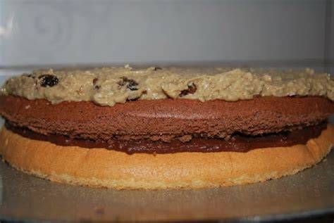 Rohkostkuchen Schichten mit unterschiedlichen Cremes und Farben