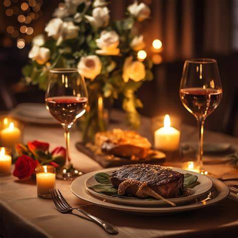 Romantisch gedeckter Tisch mit Kerzen und Fotos