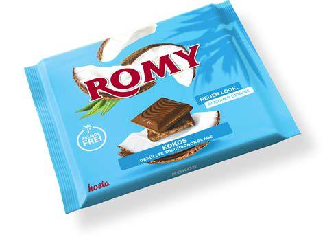 Romy Kokos Schokolade Verpackung und Bruchstücke