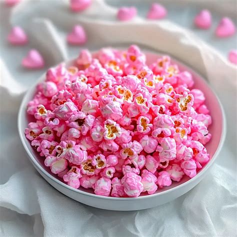 Rosa Popcorn in Schüssel, Zutaten und Schritt-für-Schritt-Icons