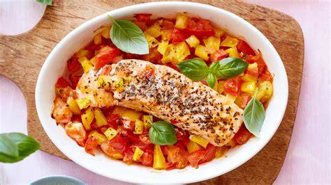 Rose beim Kochen, Rezeptbuch und Schüsseln mit mediterranem Essen