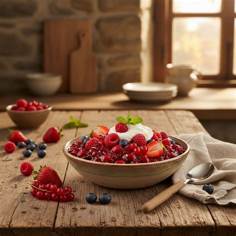Rote Grütze Kochtopf mit frischen Beeren
